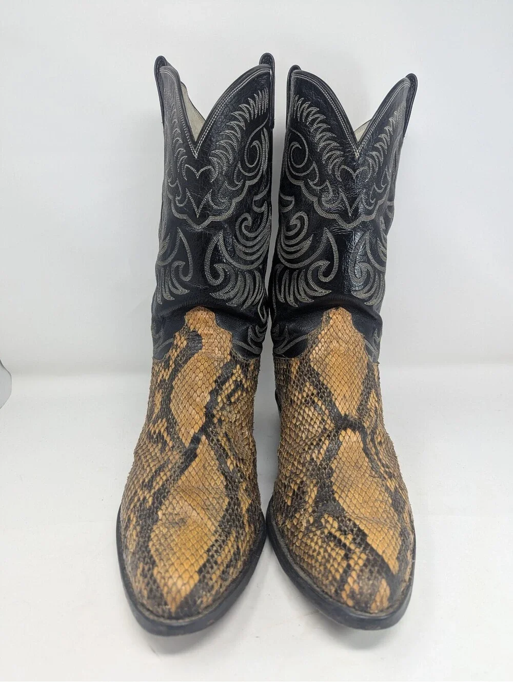 Olathe Snakeskin Python Cowboy Western Boots Mens 13 USA Black Gold Leather Show
